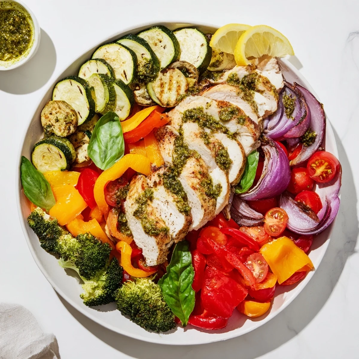Golden-brown Quick Lemon Pesto Chicken, alongside tender roasted vegetables, ready to serve on a sheet pan.