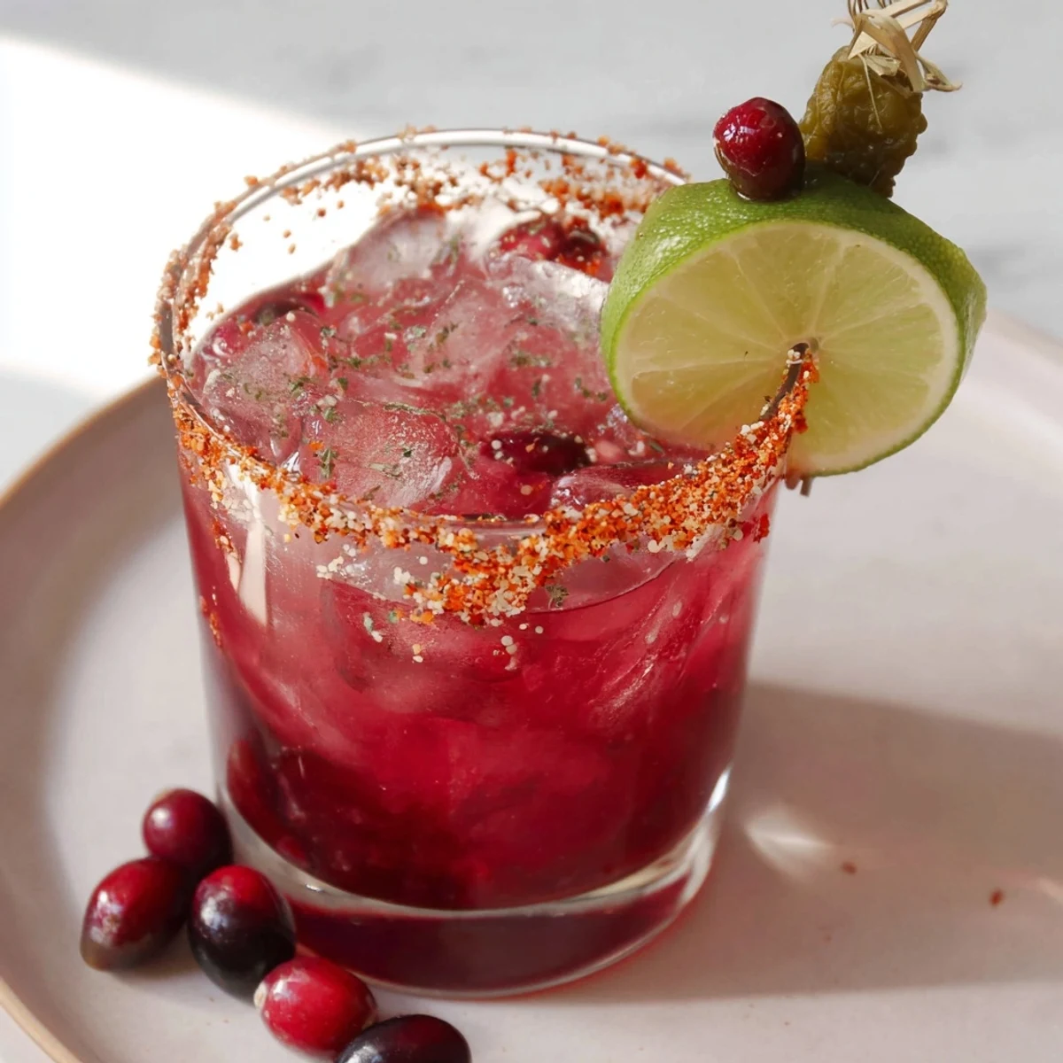 Vibrant pink DIY Cranberry-Pickle Margaritas, the cocktail featuring a spiced rim, a visual delight.