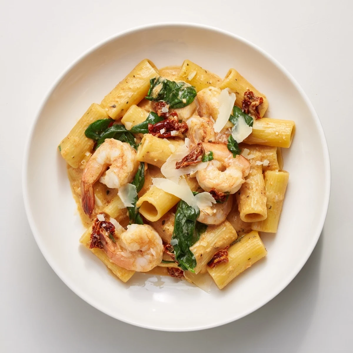 A close-up of delicious one-pot Marry Me Shrimp Pasta with spinach and Parmesan cheese, ready to eat.