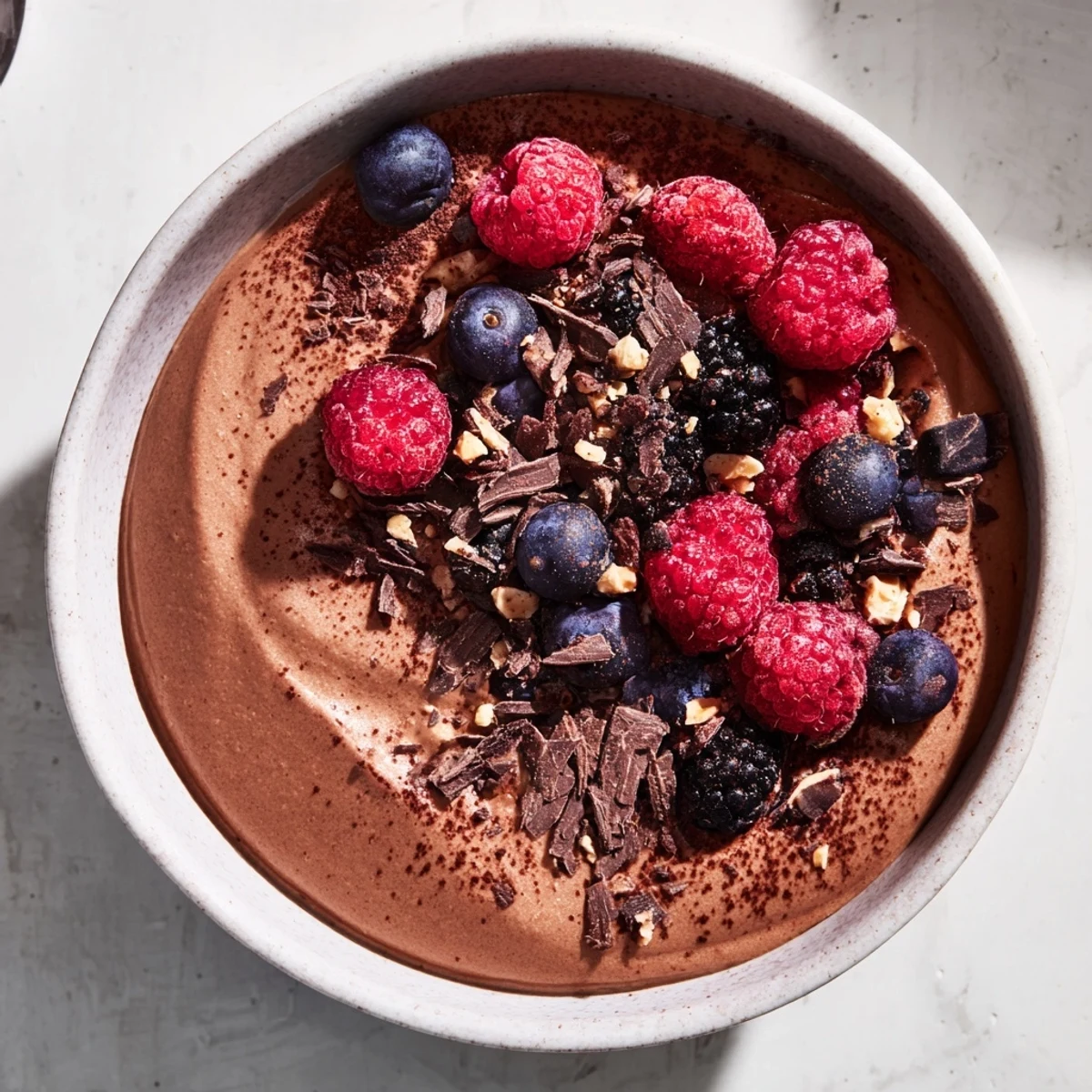 A close-up of a decadent No-Bake Cottage Cheese Chocolate Mousse, swirled and ready to enjoy.