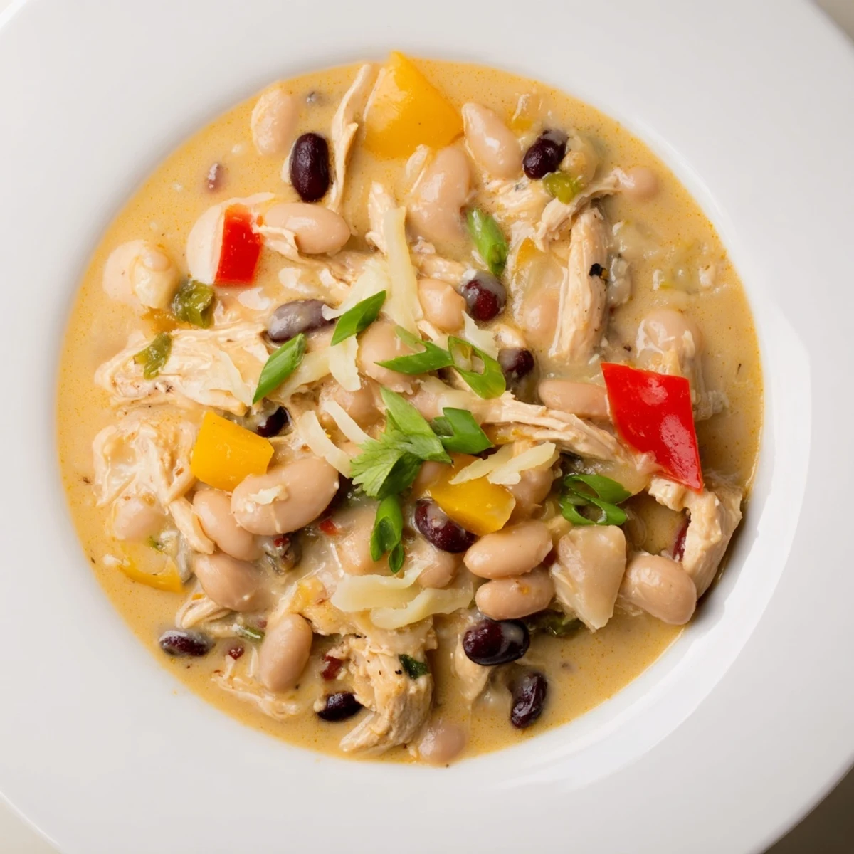 Close-up of hearty slow cooker white chicken chili with black beans showcasing tender chicken and vegetables.