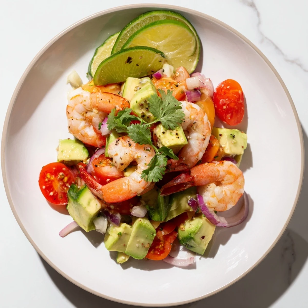 Close-up of a refreshing Avocado Lime Shrimp Salad, garnished with lime wedges and cilantro.
