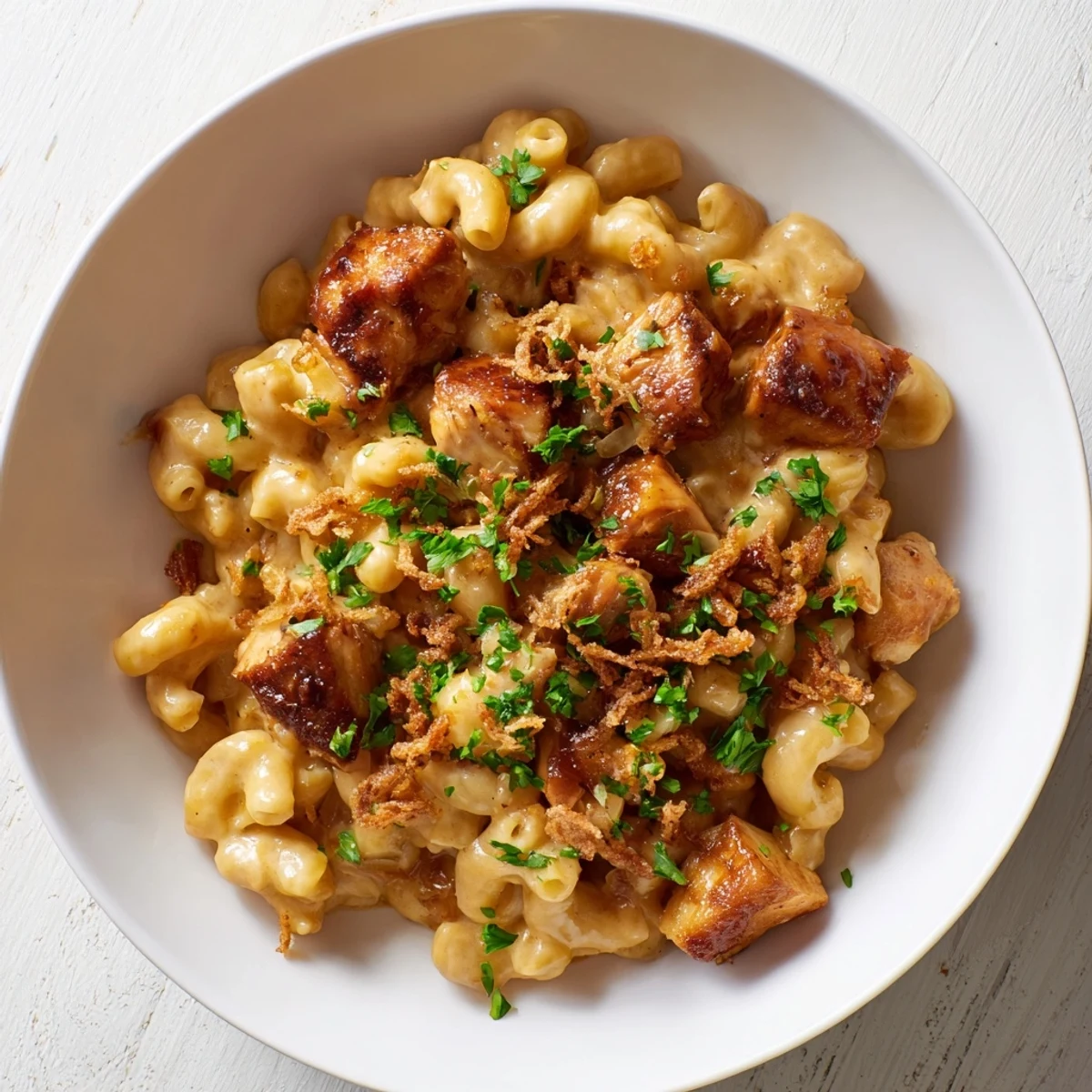 Golden, creamy One-Pot Honey BBQ Chicken Mac and Cheese, with visible pieces of saucy chicken and herbs.