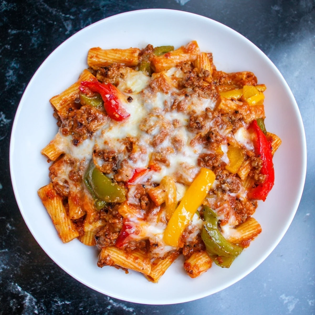 Golden brown crust on Baked Rigatoni with Sausage & Peppers, served hot with fresh herbs and Parmesan.