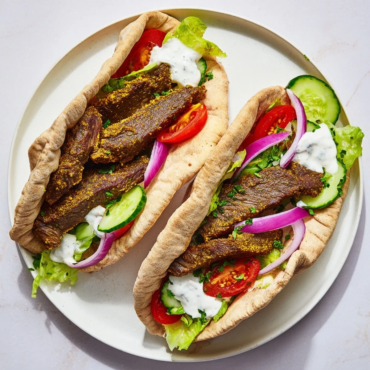 Golden-brown Beef Shawarma Wraps filled with spiced beef, fresh vegetables, and creamy yogurt sauce.