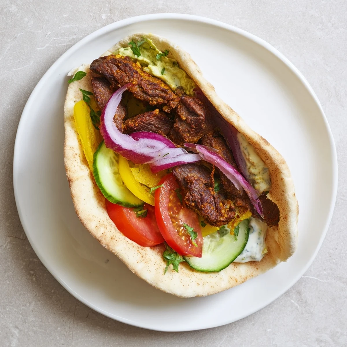 A close-up of delicious Beef Shawarma Wraps, overflowing with savory meat and cool, refreshing components.