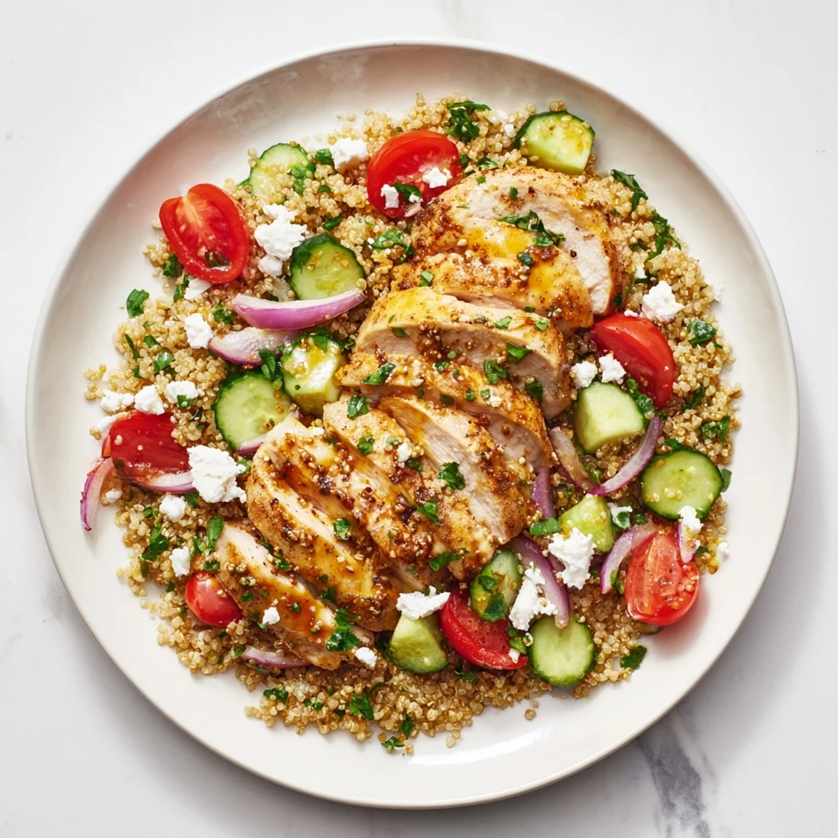 Bright, colorful Lemon Dijon Chicken & Quinoa Salad, featuring tender chicken and fresh vegetables.