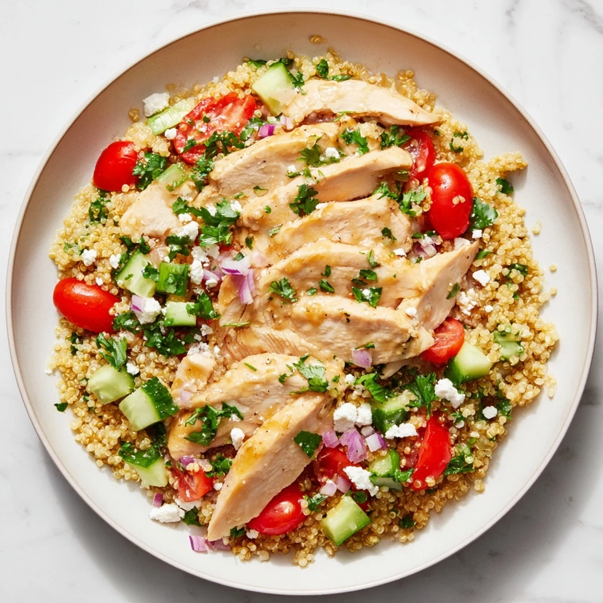 A close-up of a flavorful Lemon Dijon Chicken & Quinoa Salad with a bright lemon-herb dressing.