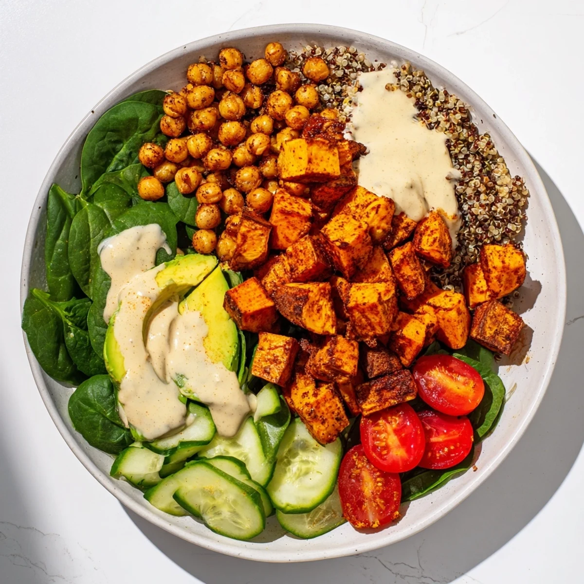 Golden roasted sweet potato & chickpea Buddha bowl, a colorful, vegan dish full of roasted flavors.