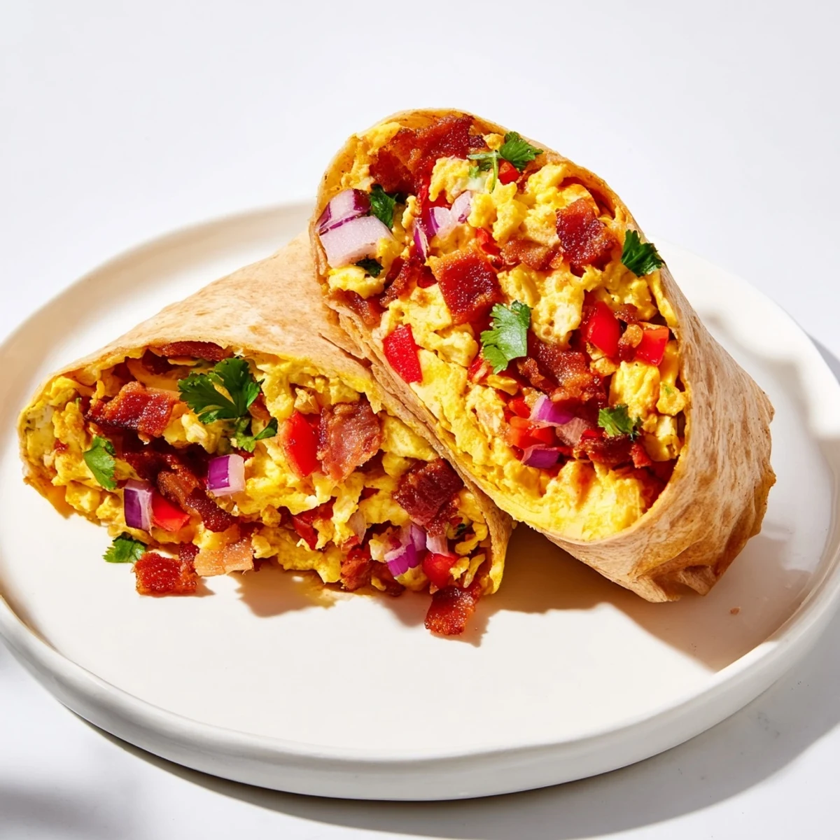 Golden-brown Smoked Bacon & Cheddar Breakfast Burritos, filled with fluffy eggs and melty cheese.
