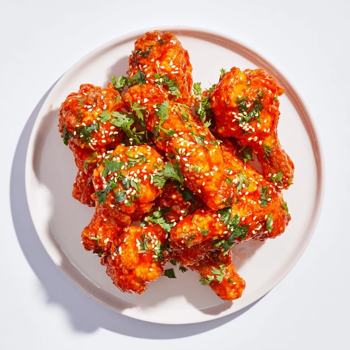 Close-up of succulent Honey Sriracha Chicken Wings, showing the glistening sauce and delicious texture of the baked chicken.