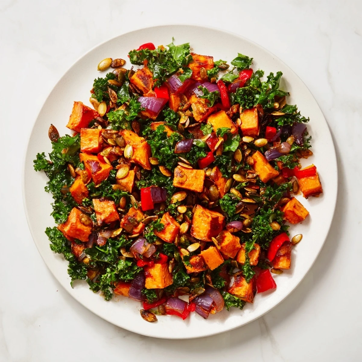 Close-up of bubbling Maple Glazed Sweet Potato & Kale Hash, showing tender kale and caramelized sweet potatoes.