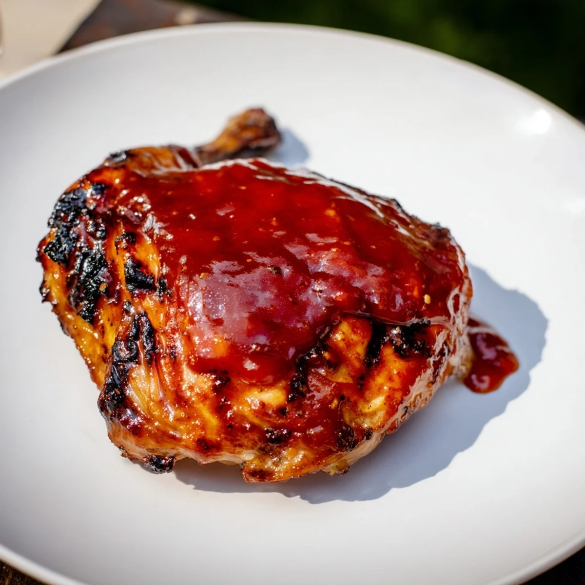 Golden-brown Cherry Bourbon BBQ Chicken, grilled to perfection, glistening with a smoky, sweet sauce.
