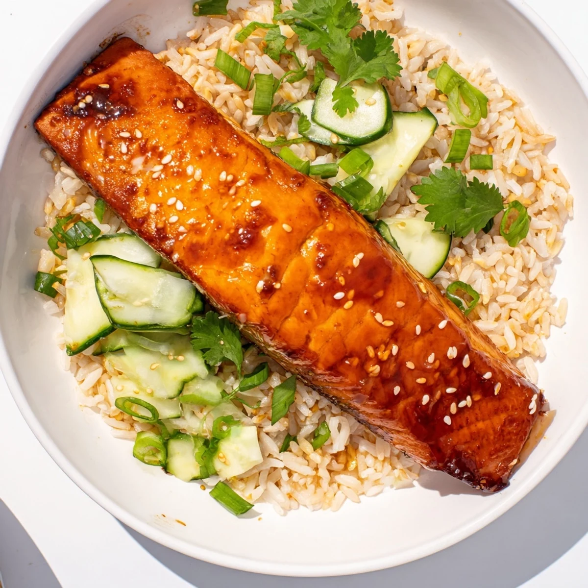 Flaky Sriracha Glazed Salmon, a beautiful centerpiece over fluffy jasmine rice, ready to enjoy.