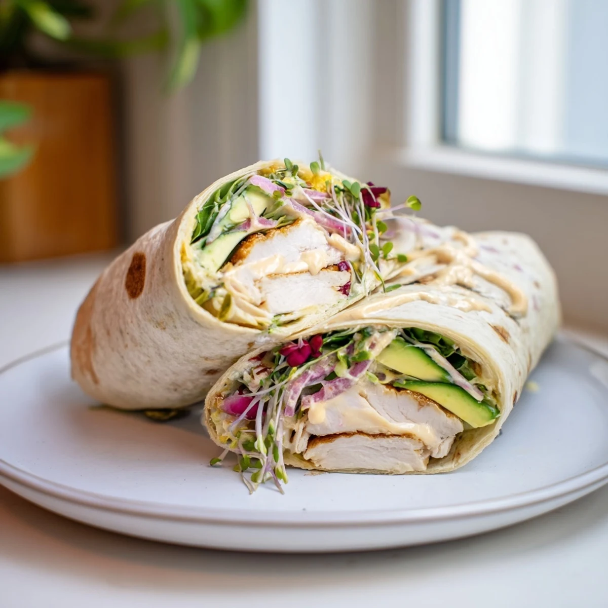 Close-up of a delicious and healthy Microgreen & Honey Mustard Chicken Wrap, showcasing the fresh ingredients.