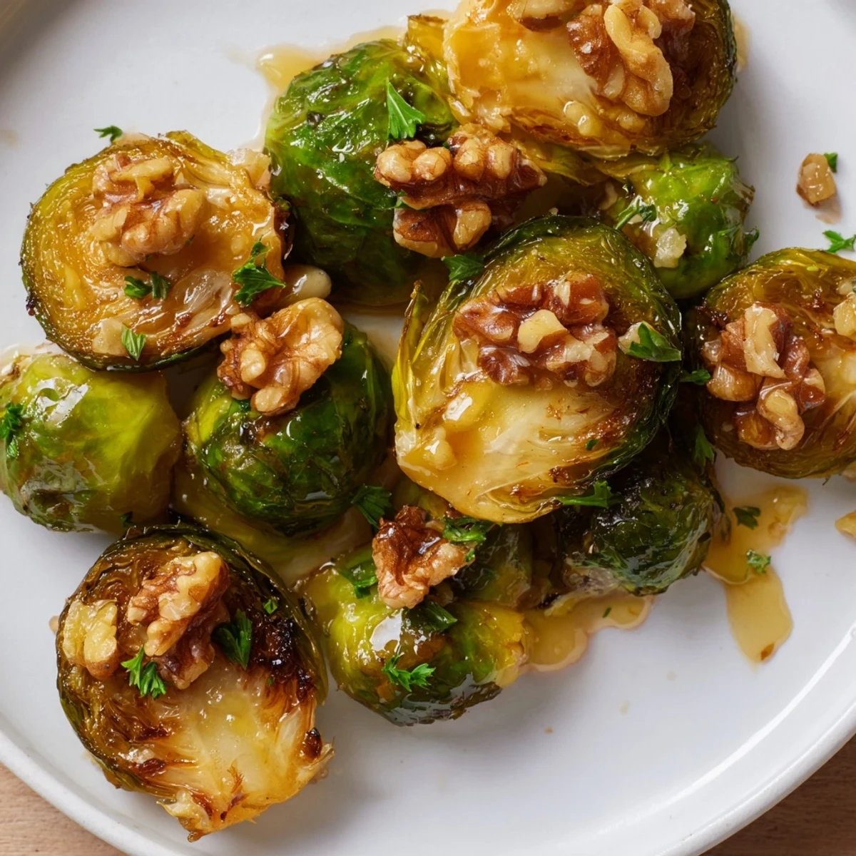 Crispy maple glazed Brussels sprouts with toasted walnuts, a delicious side dish.