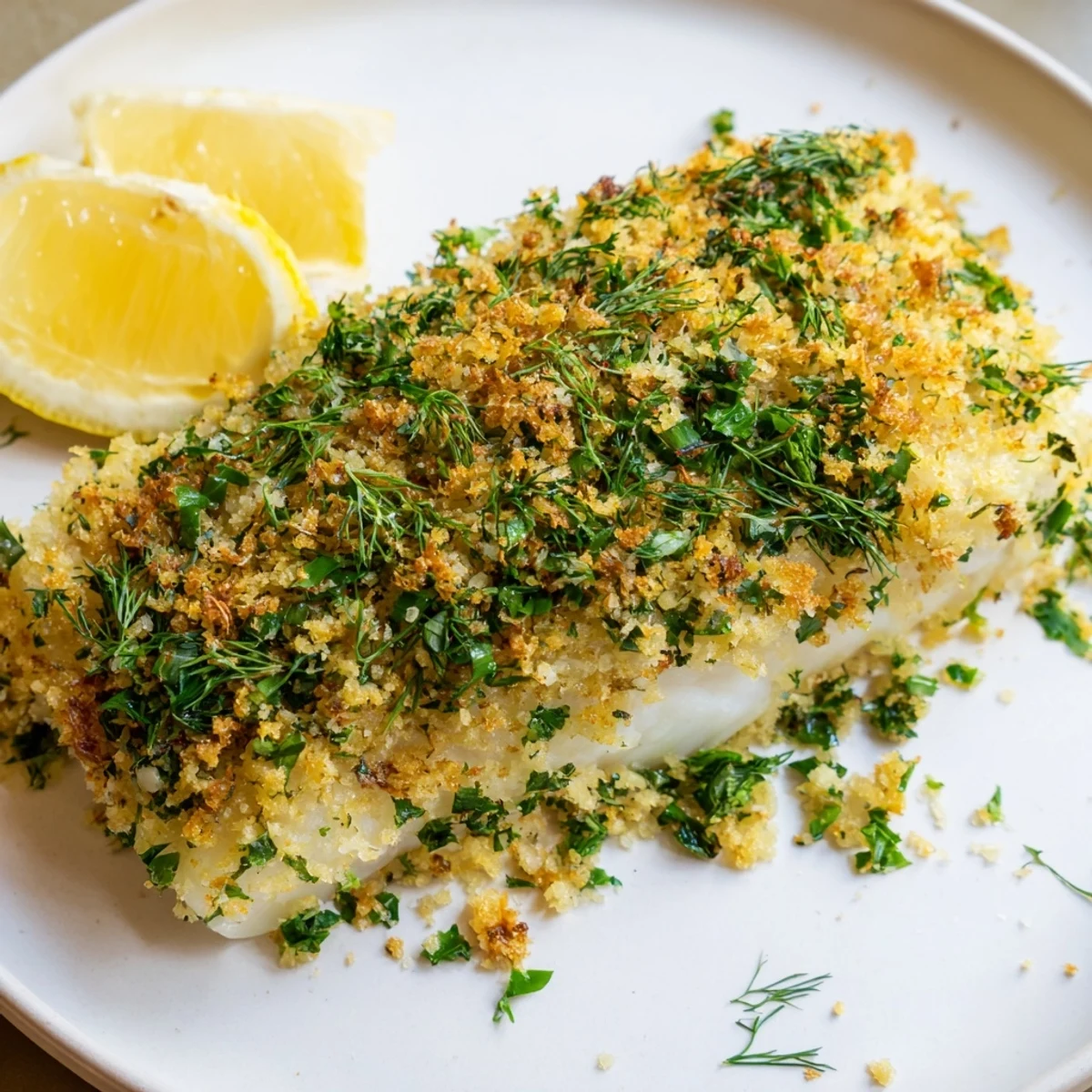 Golden, crispy Zesty Lemon & Dill Crusted Cod topped with fresh herbs, ready to serve with lemon.