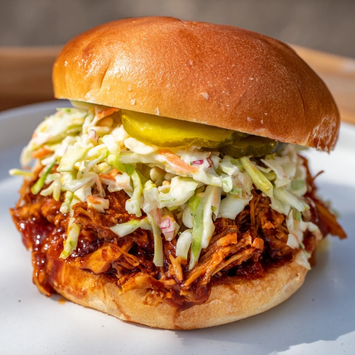 Close-up of a warm BBQ jackfruit pulled pork sandwich, showcasing its delicious texture and flavors.