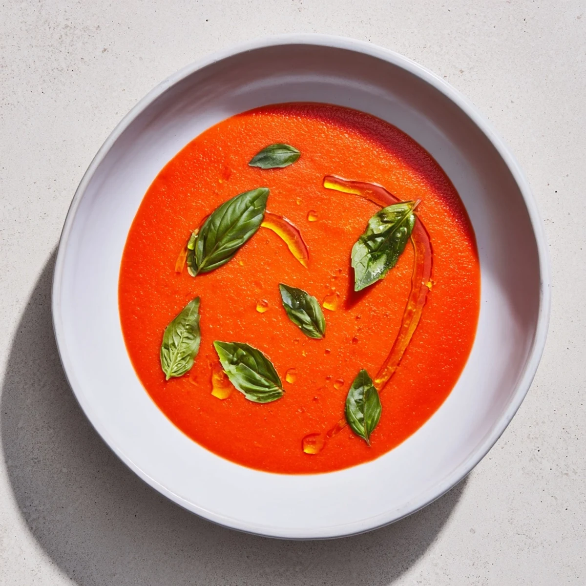 Spicy Tomato & Roasted Pepper Soup: steaming bowl of vibrant red soup, garnished with fresh basil.