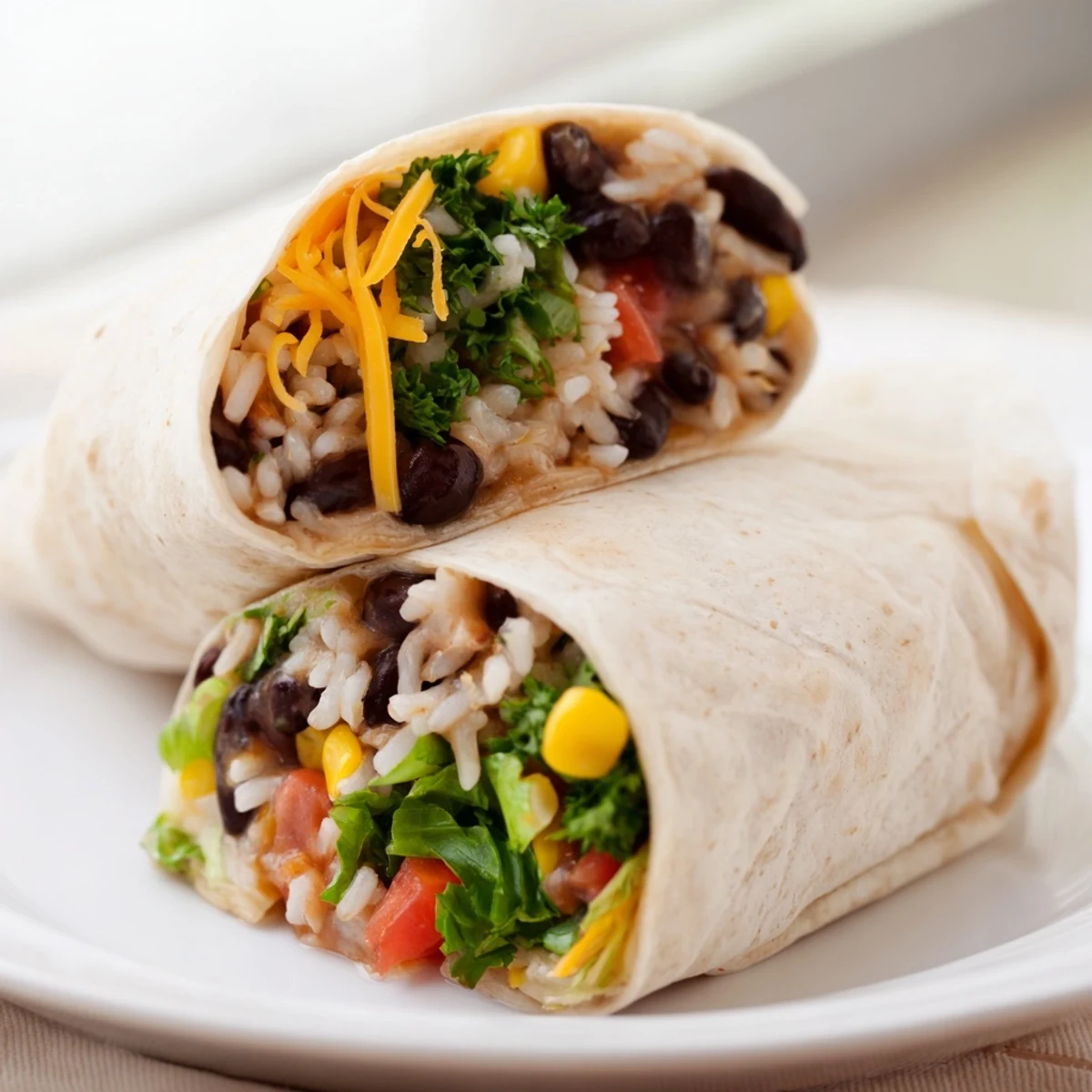 View a colorful cross-section of a delicious Rice & Bean Burrito with fillings layered.