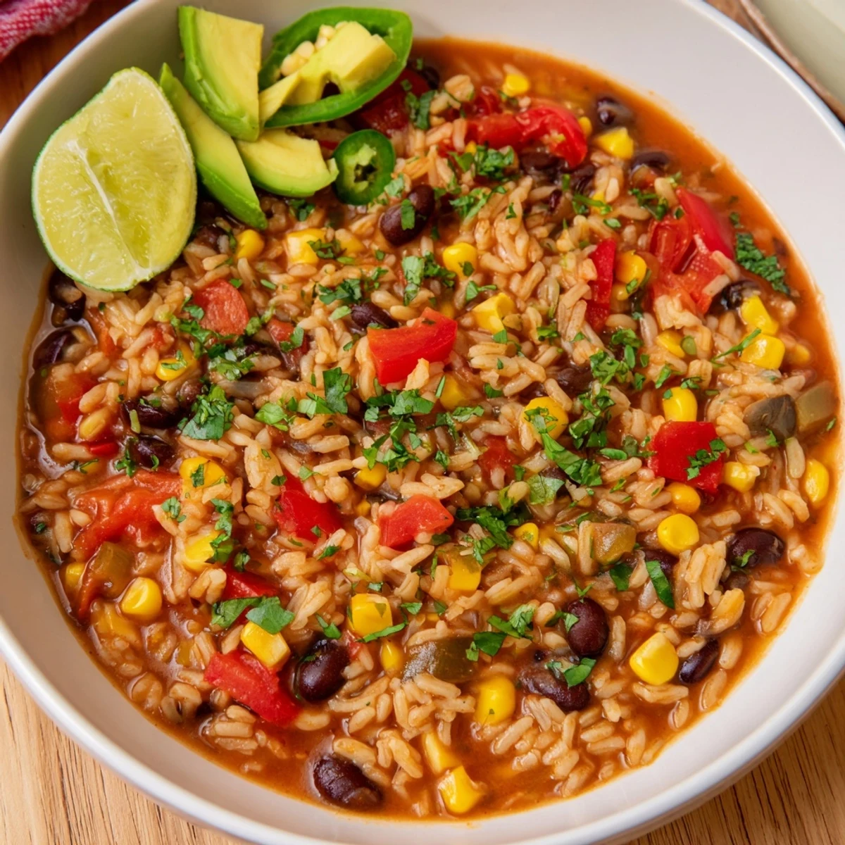 A close-up of hearty One-Pot Mexican Rice & Beans, showcasing the vibrant veggies and perfectly cooked rice.