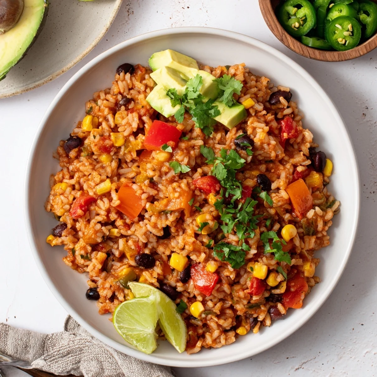 Freshly made One-Pot Mexican Rice & Beans in a bowl, garnished with cilantro and lime wedges, ready to eat.