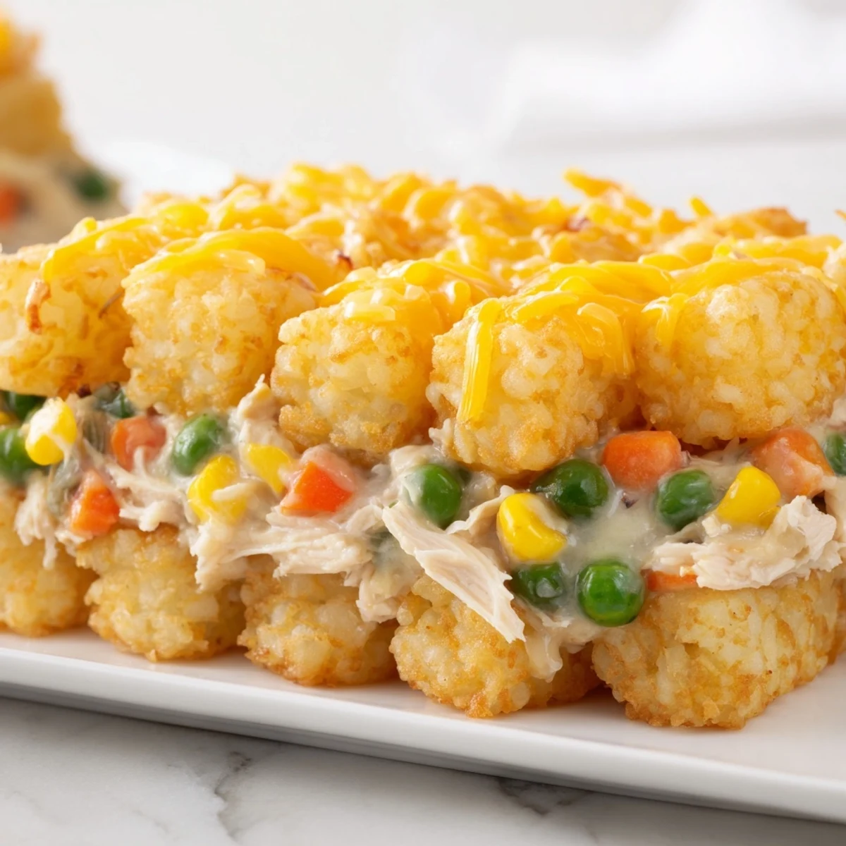Golden-brown tater tots crown a creamy chicken pot pie, a comforting family favorite.