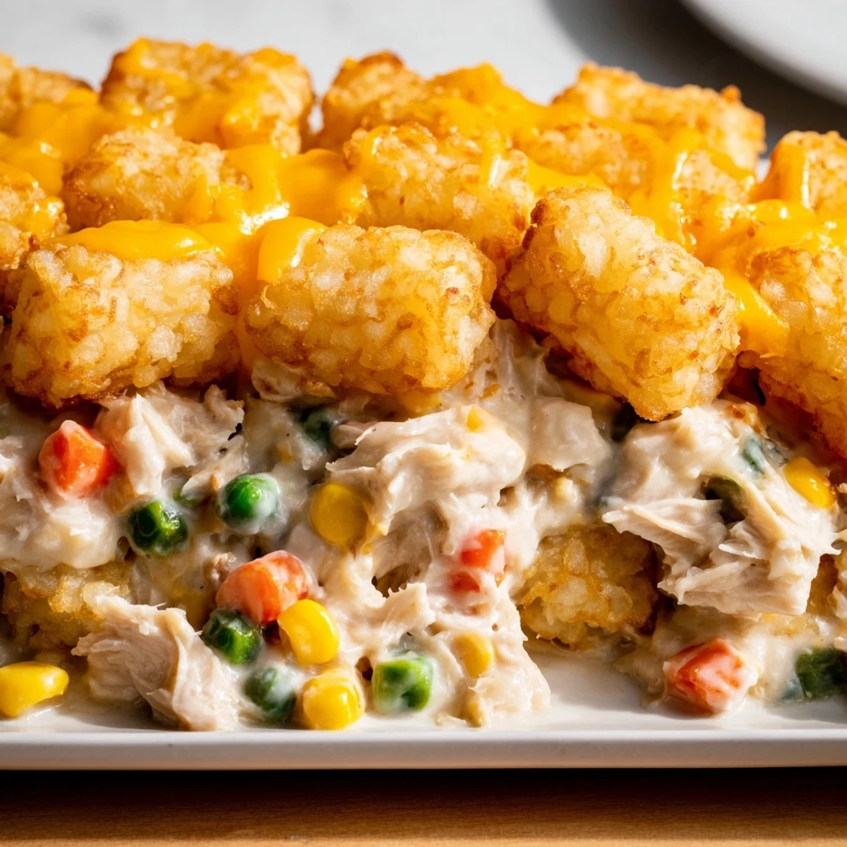 A bubbling, savory Tater Tot Chicken Pot Pie, with crispy tots and a hearty filling.
