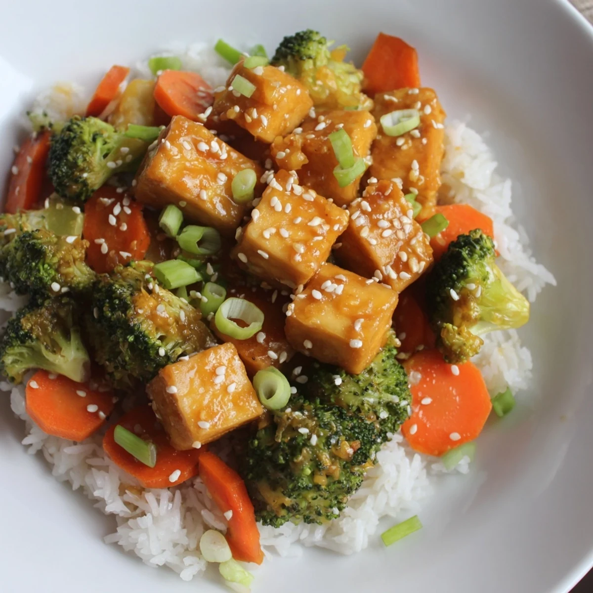 Crispy sesame tofu and broccoli, a delicious vegetarian meal served with fluffy white rice.