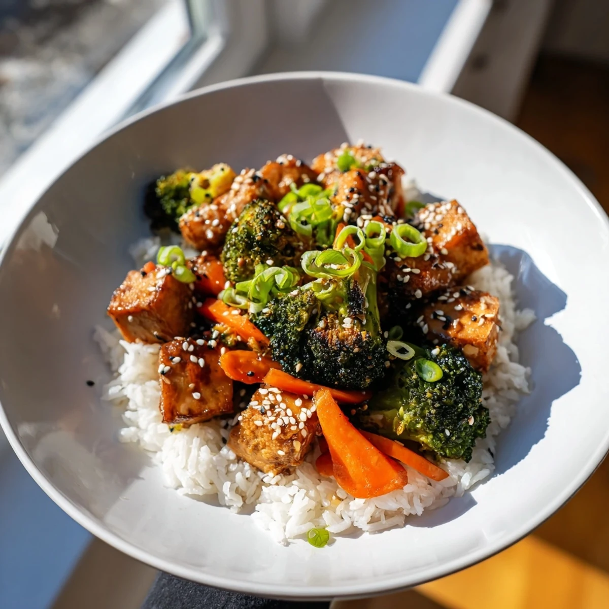 Steaming bowl of sesame tofu & broccoli, a visually appealing vegetarian dish with sesame seeds.