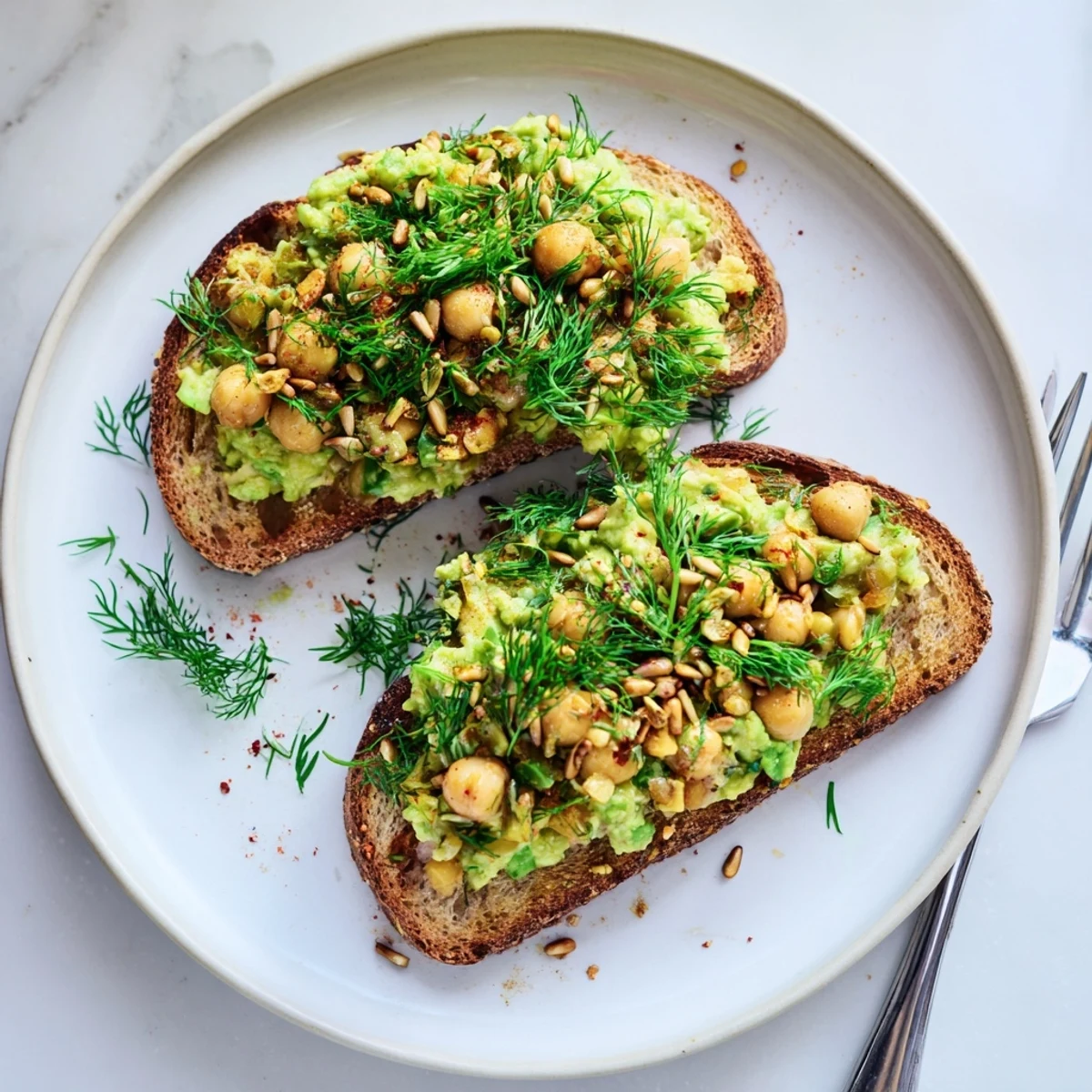 Toasted bread piled high with avocado toast, chickpeas, and fresh herbs; a delicious healthy meal.