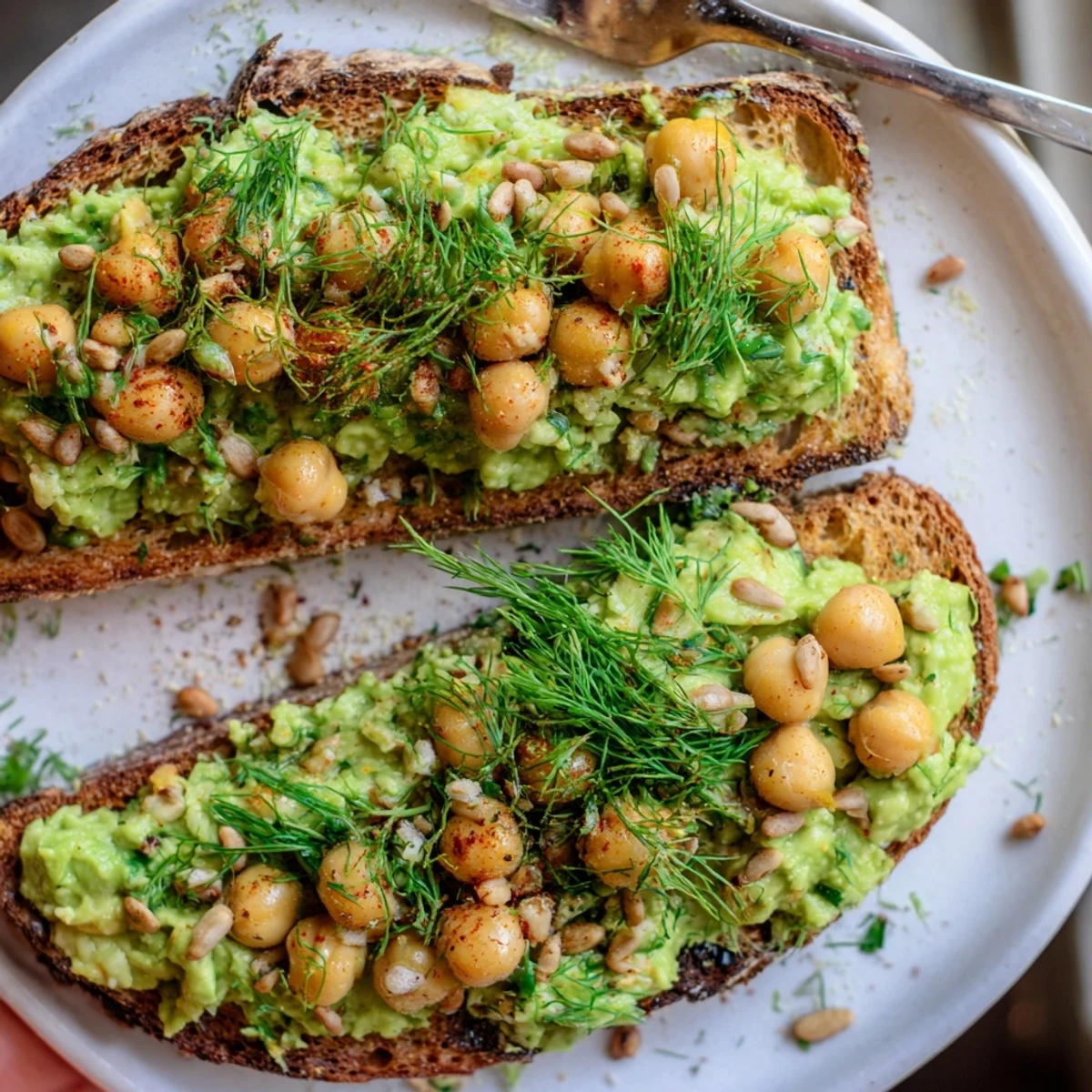 Creamy avocado toast with chickpeas and herbs, a vibrant vegetarian breakfast, ready to eat.