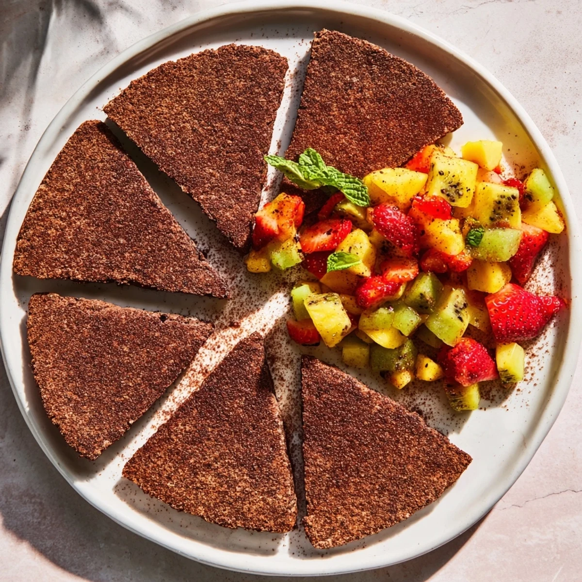 Fresh fruit salsa with chocolate dessert chips, a vibrant mix for a delightful treat.
