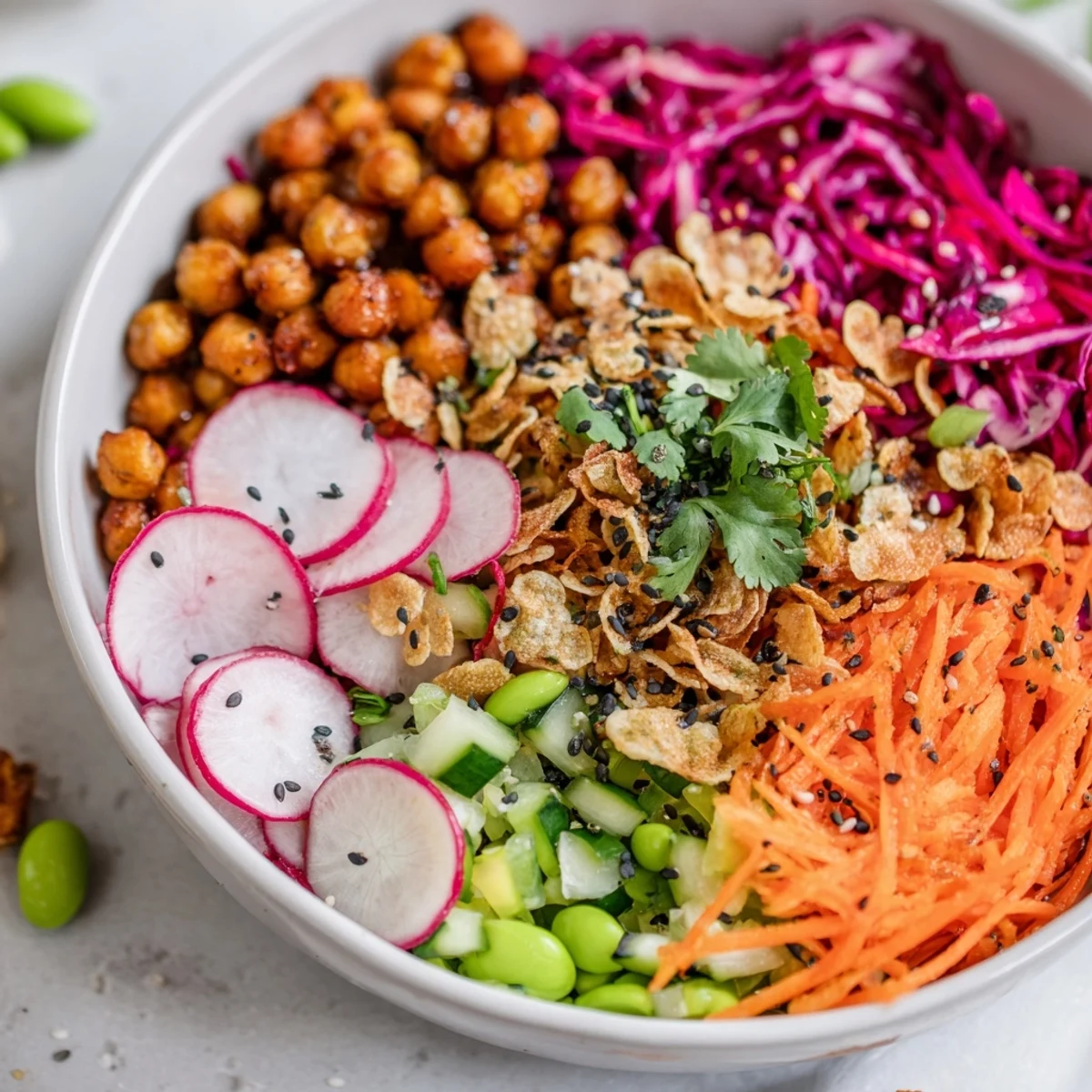 Vibrant ASMR Crunch Snack Bowl, filled with crispy chickpeas and colorful vegetables for a satisfying snack.