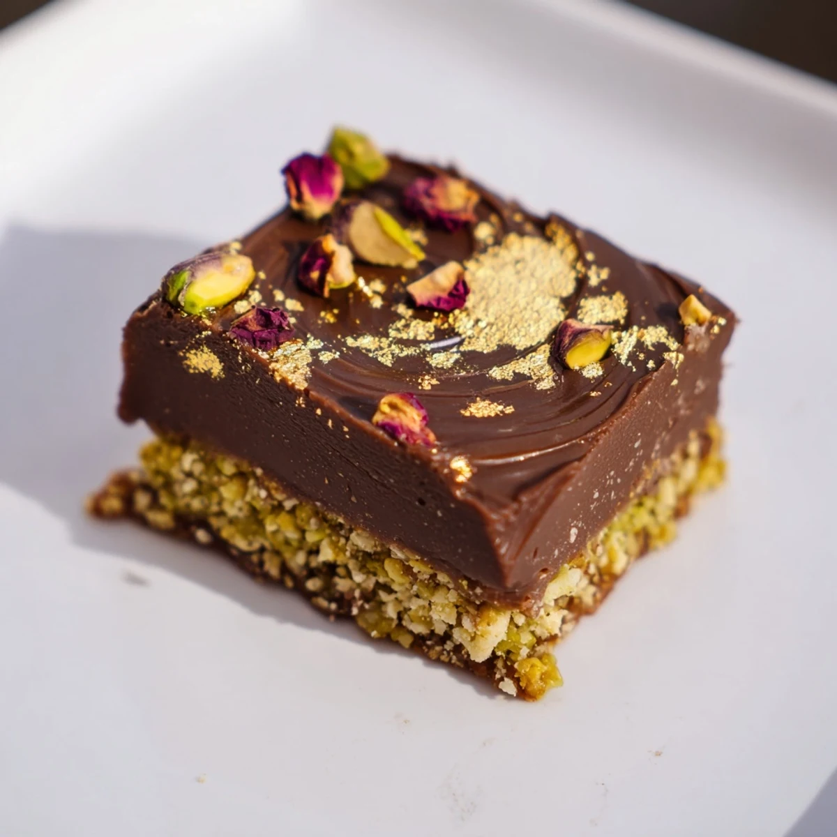 Imagine a close-up of those chocolate bar desserts featuring a textured, crunchy base.