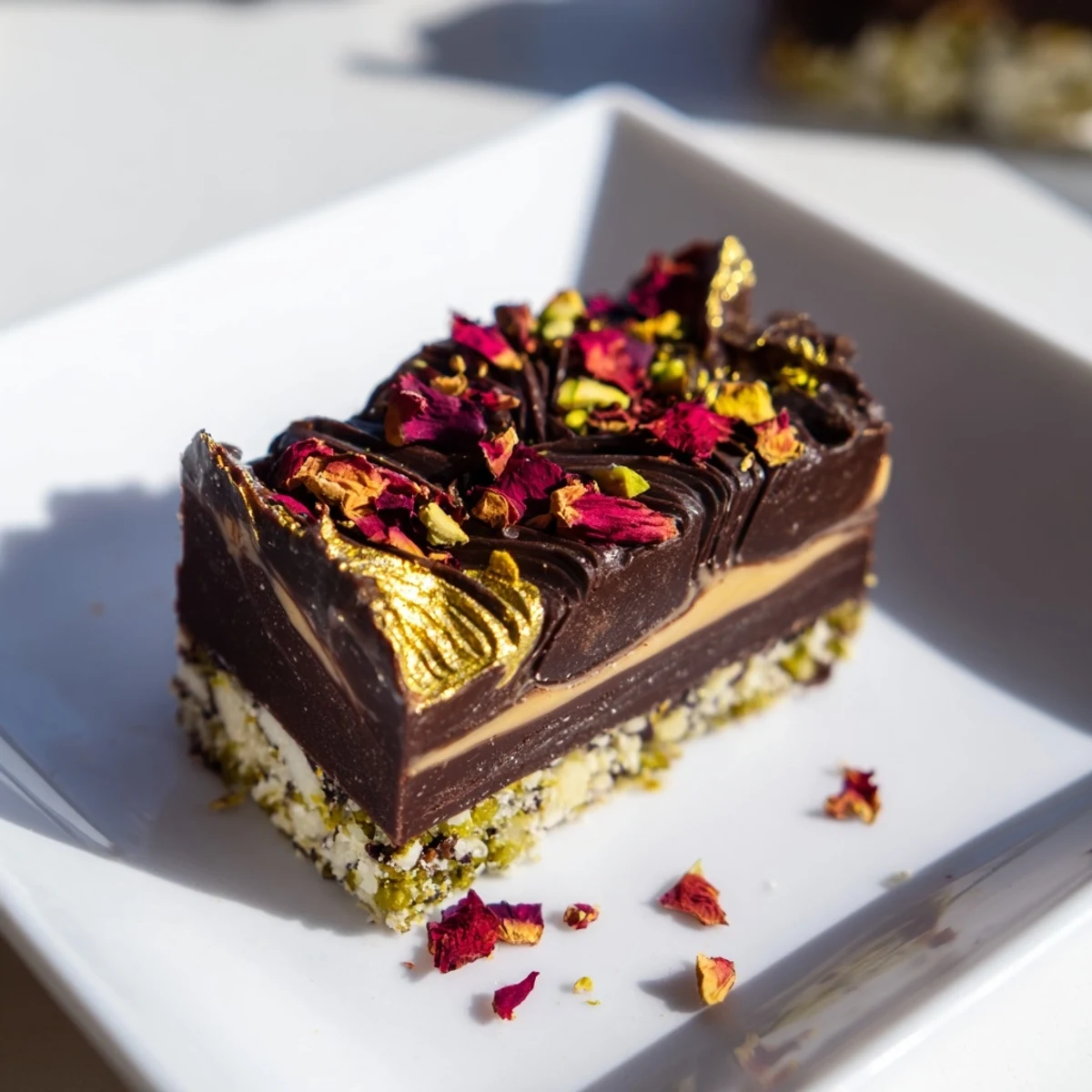Rich, dark chocolate bar creations drizzled with date caramel and sprinkled with pistachios.