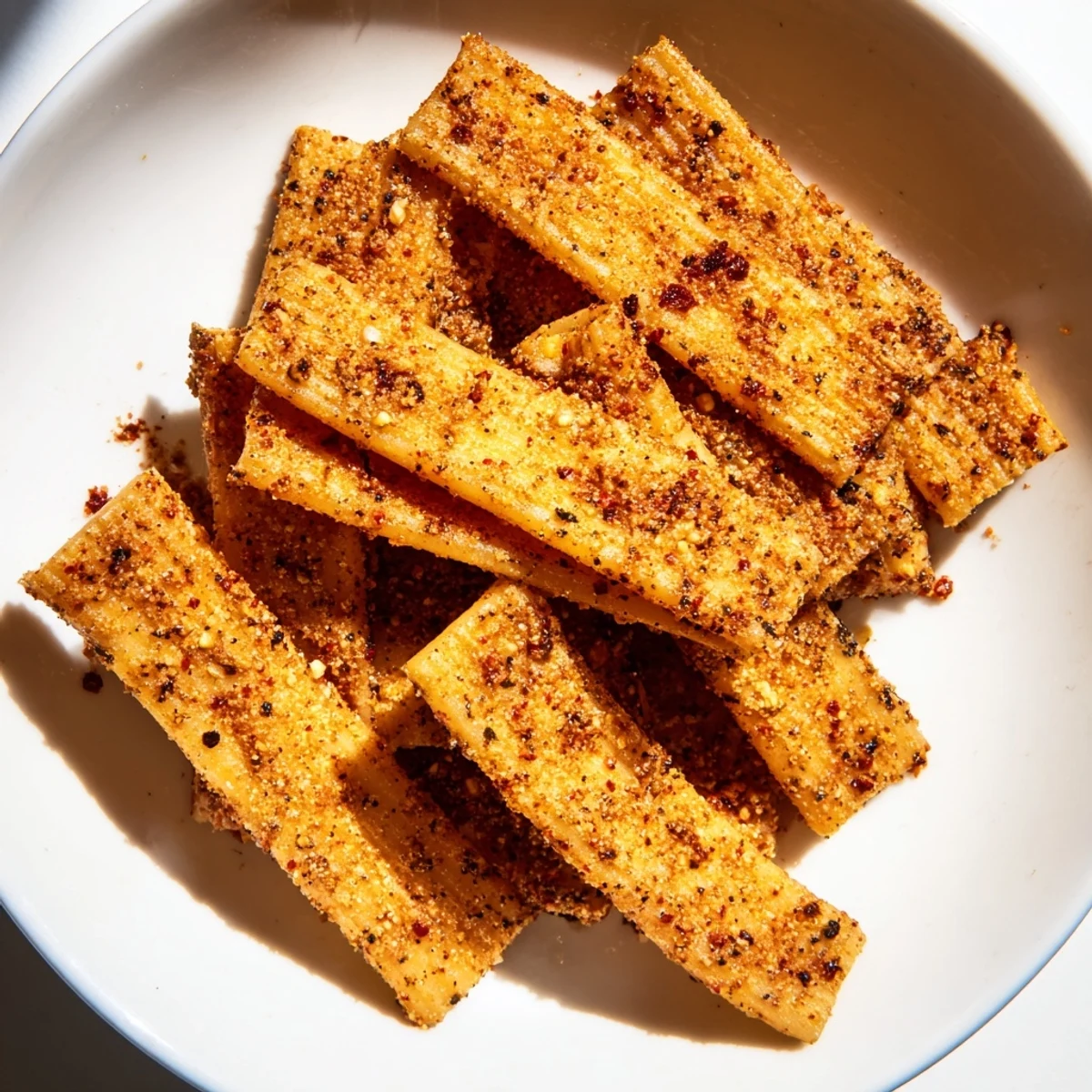 Crispy Pasta Chips Seasoned Variety, golden brown and perfectly seasoned for a delicious snack.