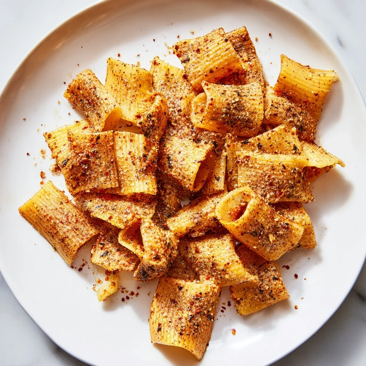 Freshly baked Pasta Chips Seasoned Variety, beautifully textured and seasoned with paprika and herbs, ready to eat.