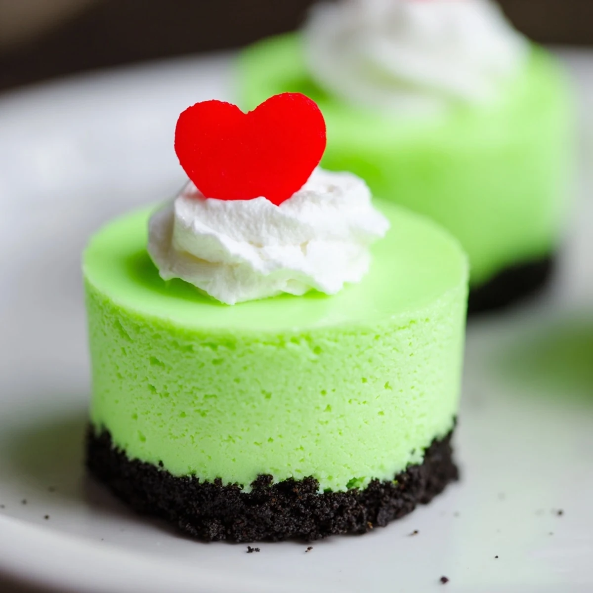 Close-up shot shows a batch of homemade Grinch Mini Cheesecakes ready to serve and impress everyone.