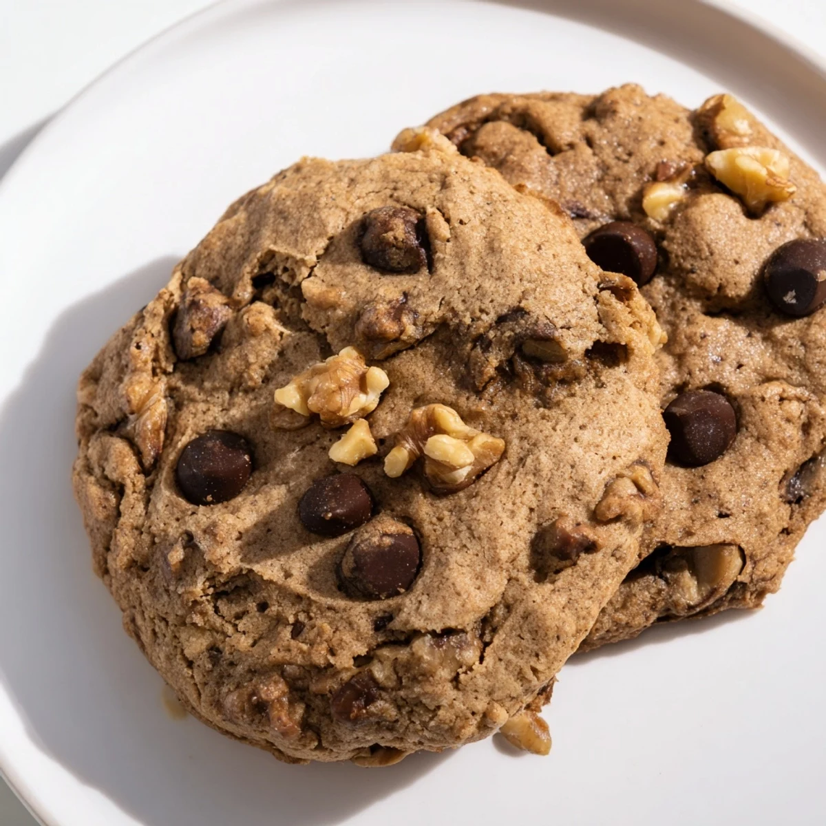 Enjoy a stack of delicious Chewy Protein Chocolate Chip Cookies, featuring visible chocolate chips and a chewy bite.