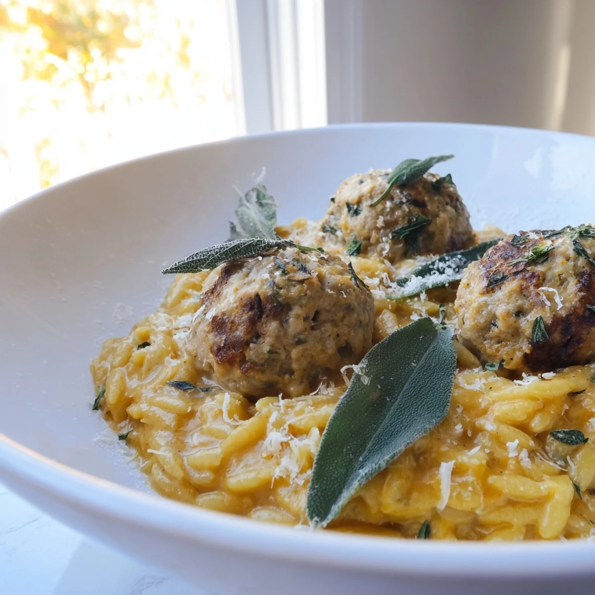 Golden-brown sage turkey meatballs nestled with creamy pumpkin orzo in a warm skillet.
