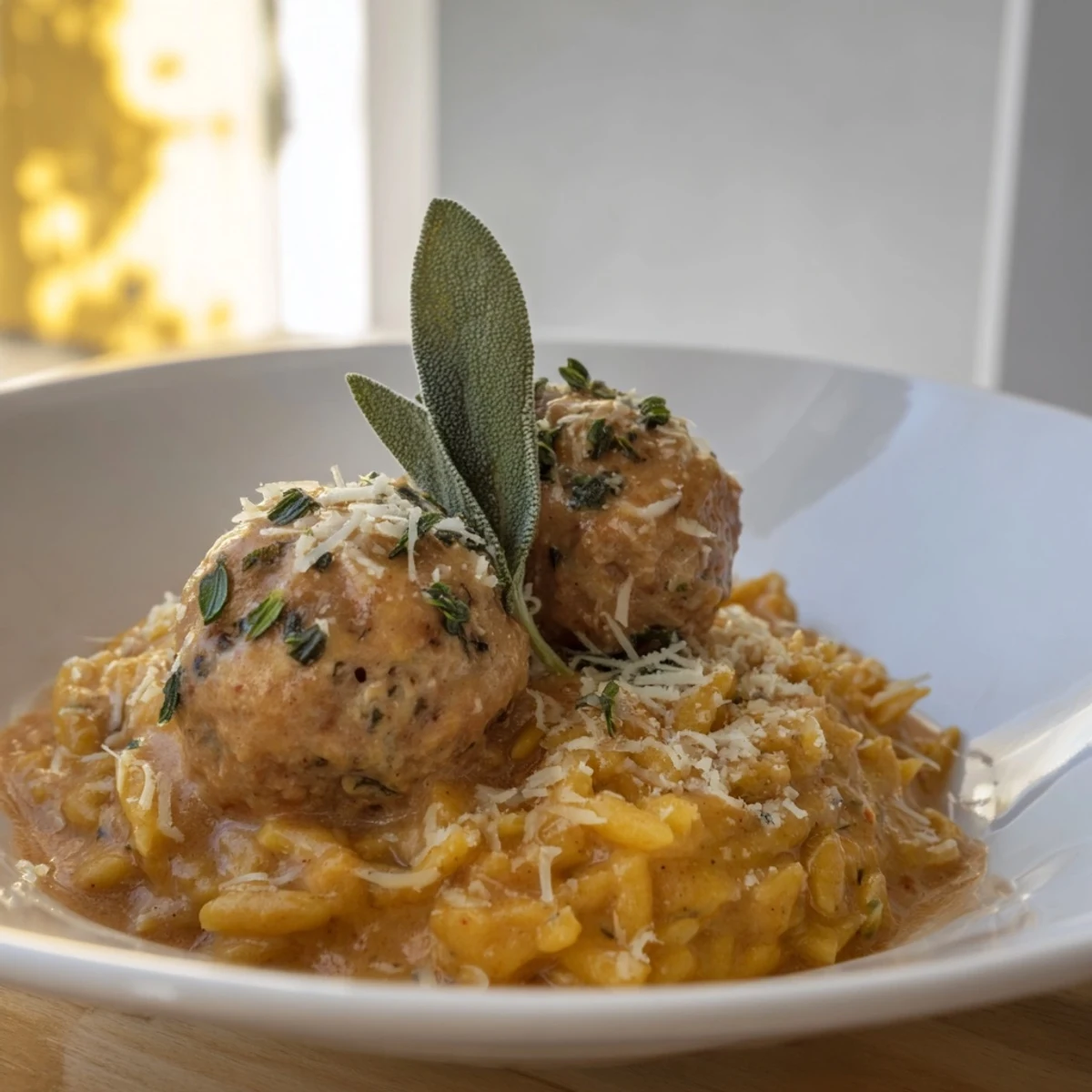 Savory sage turkey meatballs served over a bed of vibrant, spiced pumpkin orzo pasta.
