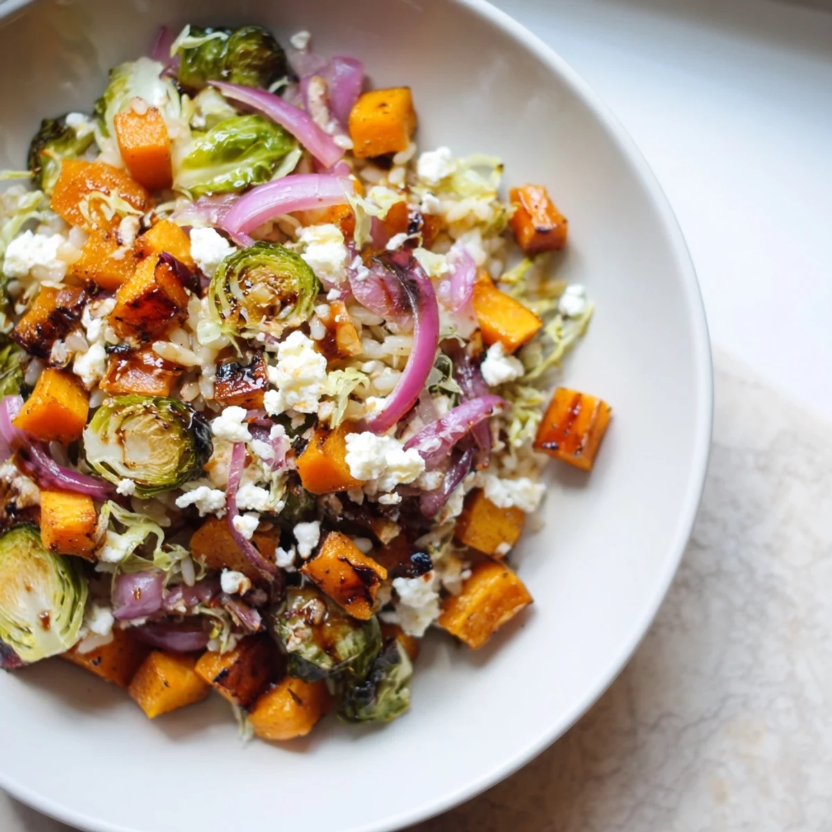 Vibrant photo of Best Fall Harvest Orzo Salad with roasted veggies and creamy goat cheese.