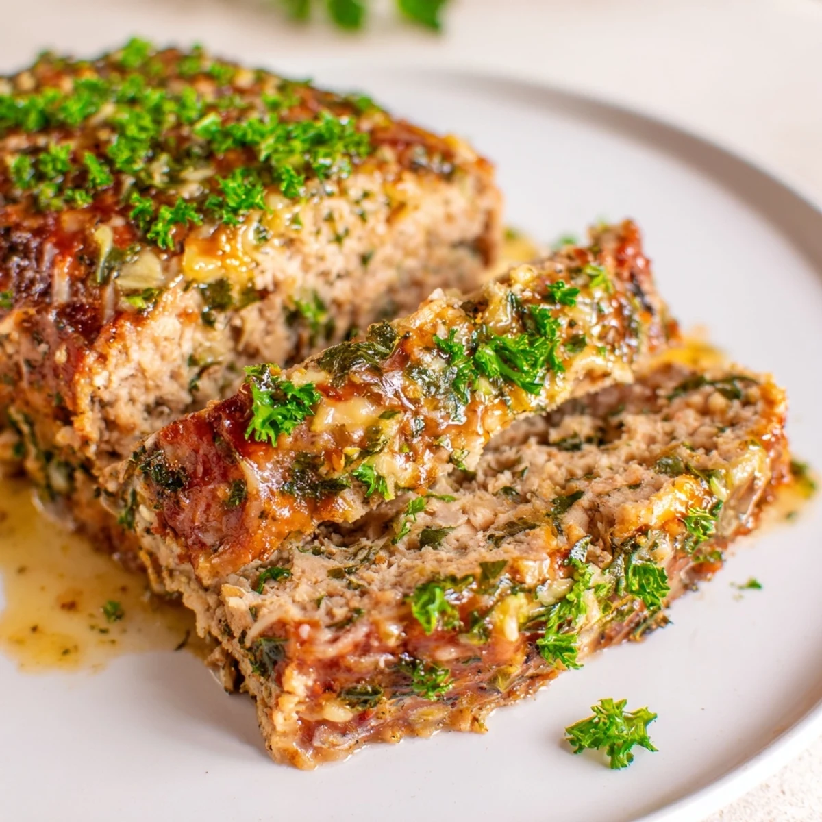 Juicy Garlic Parmesan Chicken Meatloaf, expertly baked and glistening, is ready for serving.