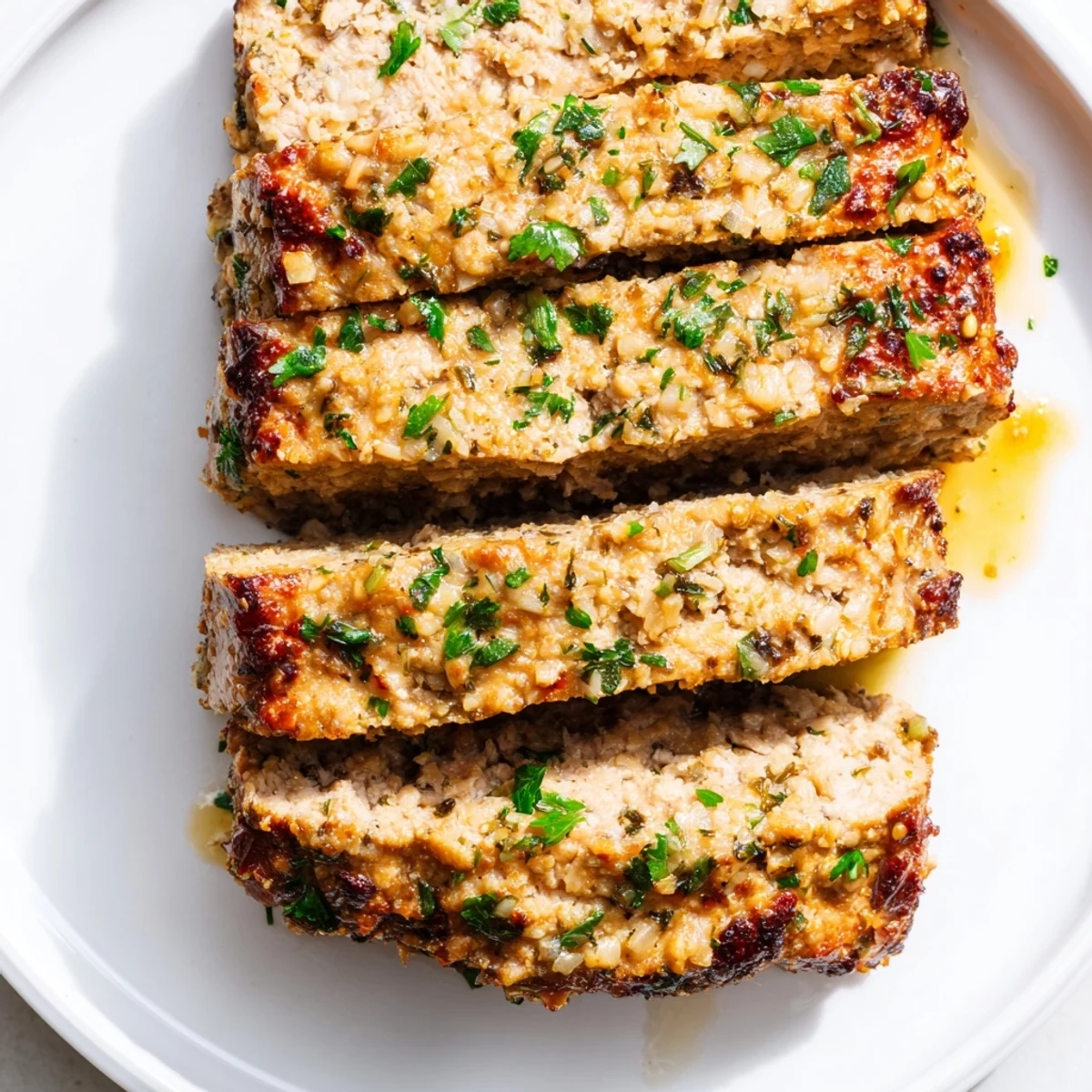Warm, flavorful slices of Garlic Parmesan Chicken Meatloaf, topped with a rich, bubbling glaze.