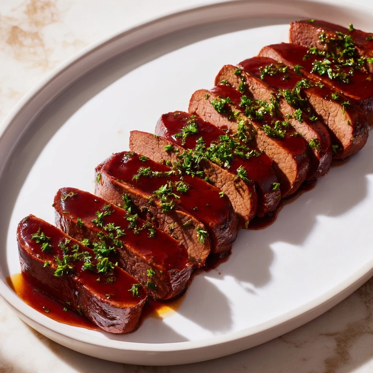 Savory tart cherry date glazed pork tenderloin presented with parsley, ready to be enjoyed with friends.