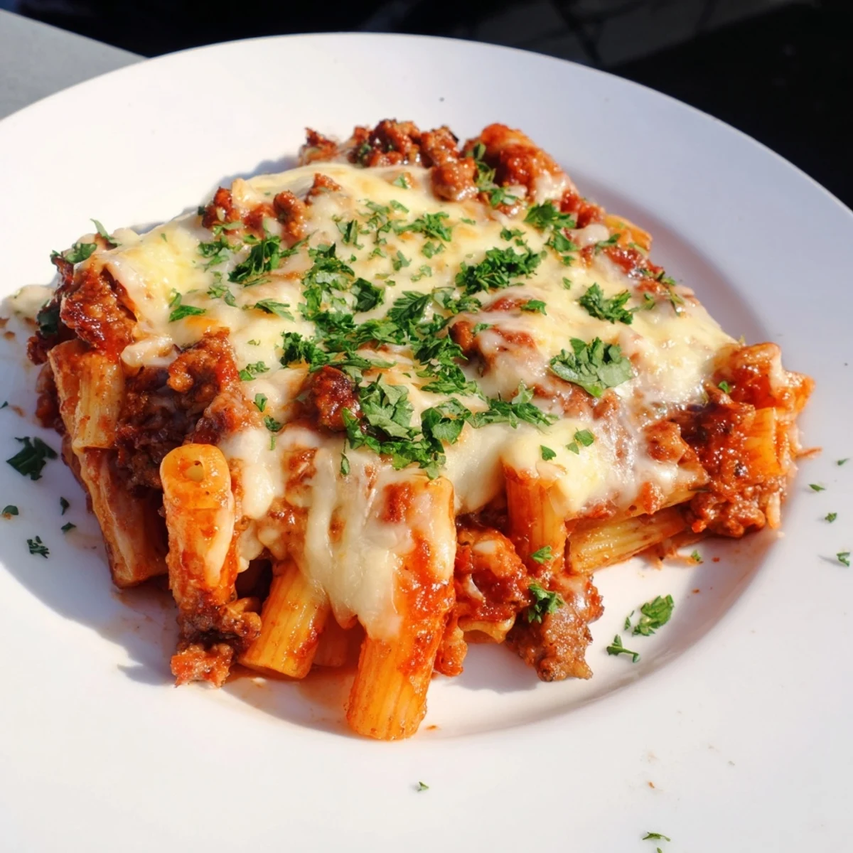 A bubbling Budget Sausage and Cheese Pasta Bake with melted cheese and golden crust.