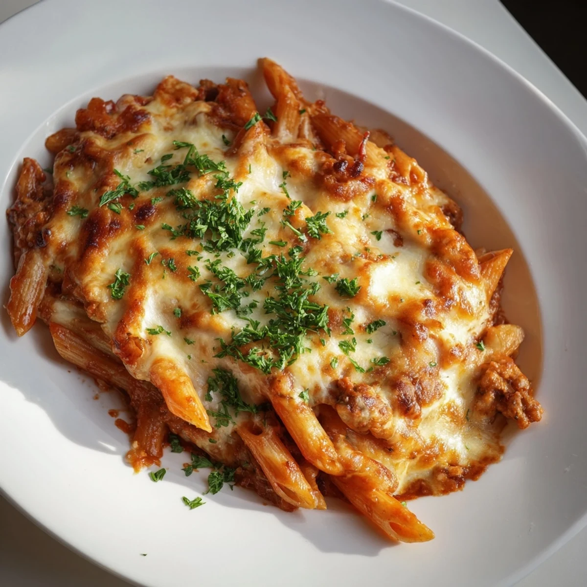 Imagine a comforting serving of Budget Sausage and Cheese Pasta Bake with a rich tomato sauce and herbs.