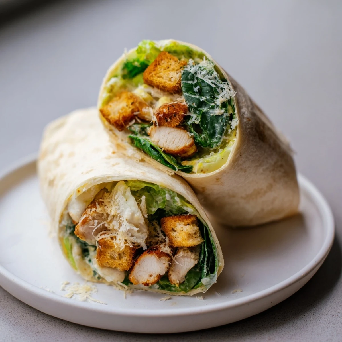 Chicken Caesar Wraps, ready to eat, showing a tightly rolled wrap filled with chicken and salad.