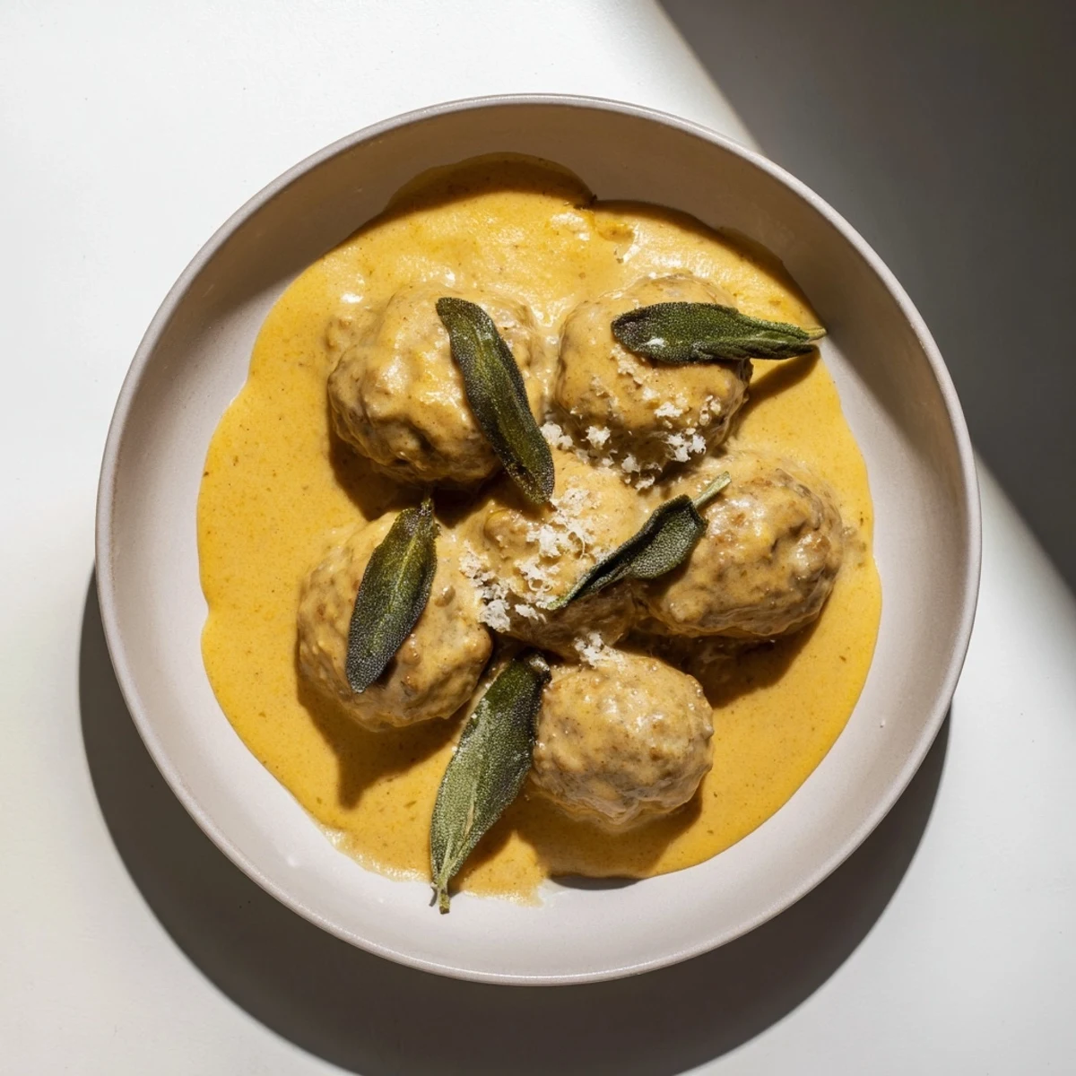 A plate of creamy Turkey Meatballs with Pumpkin Sage Sauce, a delicious and inviting fall meal.